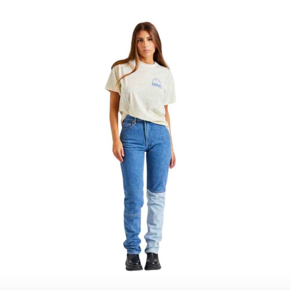 Ganni Cutline Swiggy Jeans Womens 25 Mid Blue Straight Leg High Rise Patch Denim